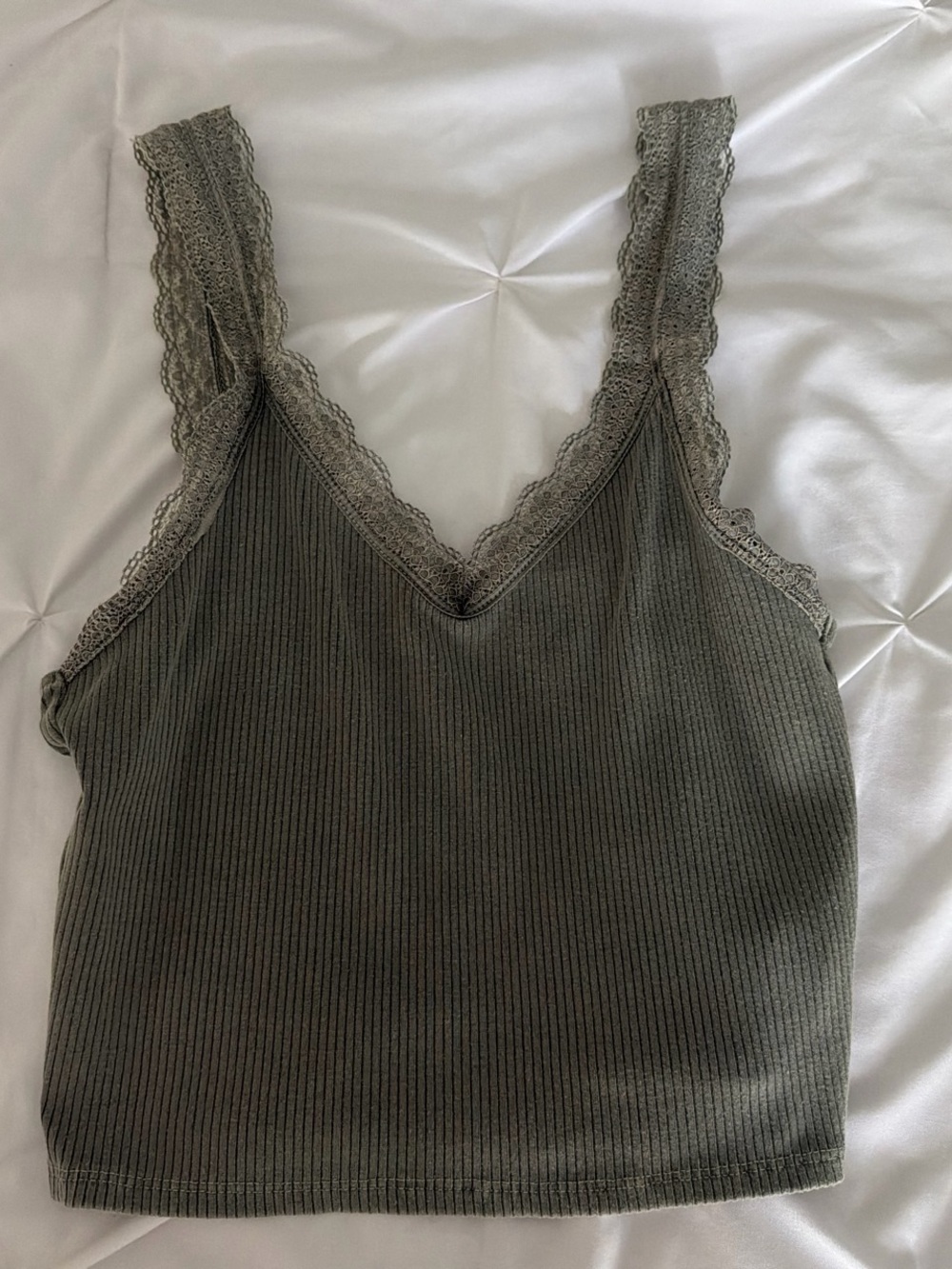 American Eagle Outfitters Ribbed Lace-Trim Tank - Olive